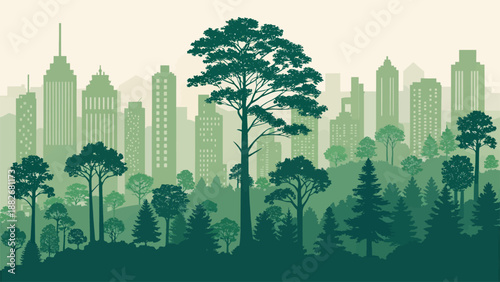 City skyline silhouette with lush green forest urban nature landscape vector illustration