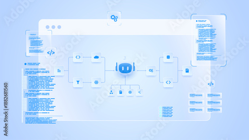 AI workflow automation artificial intelligence. ai agent network diagram dashboard machine learning showing data pipelines, code panels and automation system.