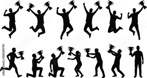 Victory celebration silhouette, trophy holding figures, black vector icons, success pose, achievement moment, sports award, winner gesture, recognition scene