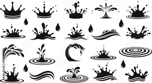 Water splash and wave icon set, black vector illustration, liquid motion graphic, ripple effect, droplet design, abstract fluid, dynamic shape