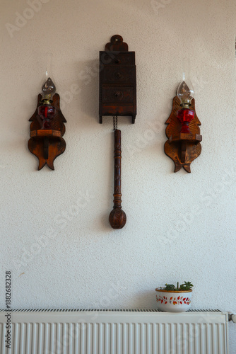 Wooden wall shelf, gas lamp