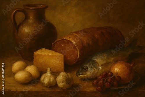 Rustic still life oil painting with food ingredients