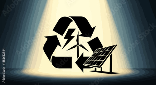 Eco friendly energy symbols with recycling logo and solar panel on a spotlight background