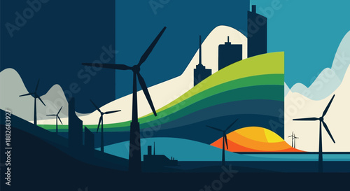 Wind turbines generate clean energy in a futuristic cityscape with sustainable landscape design and renewable power