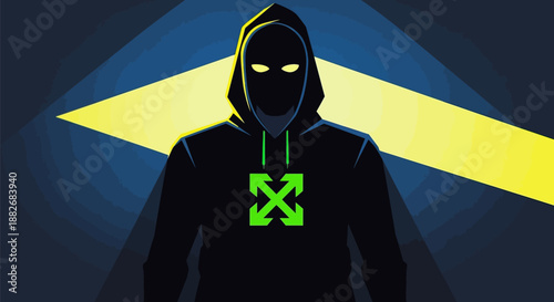 Mysterious hacker in black hoodie with green logo and glowing eyes standing in front of yellow beam