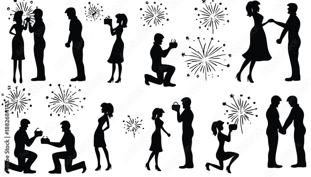 Fototapeta premium Silhouette of couples in romantic poses with fireworks in the background