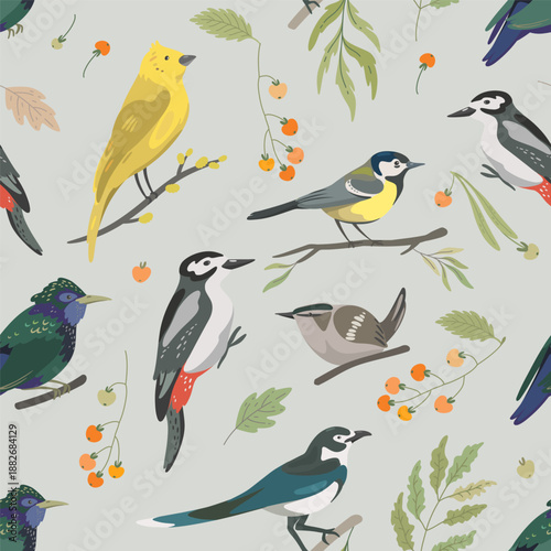 Seamless pattern with forest birds, leaves, berry