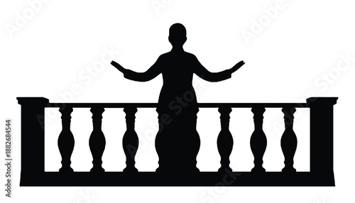 A silhouette of a woman standing on a balcony with her arms outstretched