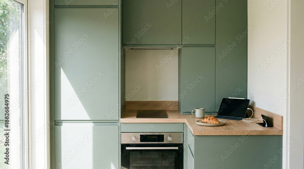 Fototapeta premium Modern Minimalist Sage Green Kitchen Cabinetry with Built in Appliances and Workspace