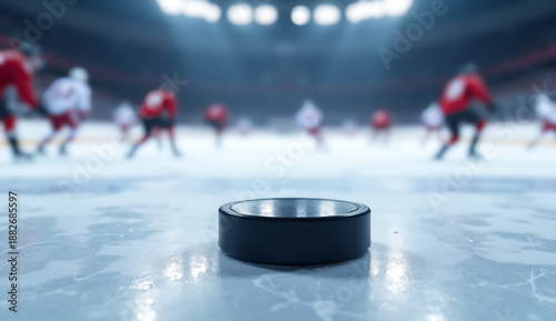 Close-up view of a hockey puck on ice with blurred players in the background during a game