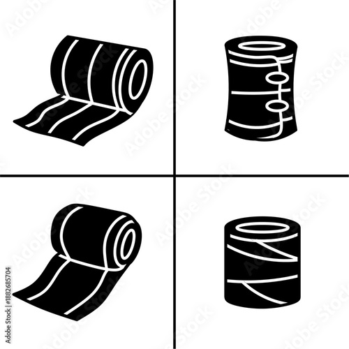 A set of four black bandage icons, displayed in various shapes and styles. Simple flat silhouette design. Stock vector.