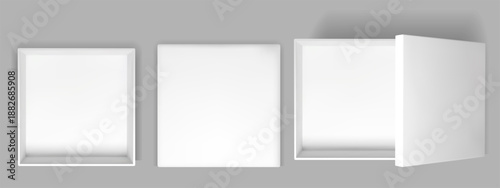 Top view of white square box with open gift package and shadow inside. Realistic cardboard container mockup with 3d empty interior and paper lid. Vector mock up above isolated on background