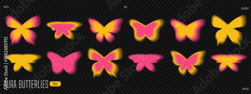 Gradient aura butterfly with blur. Y2k retro aesthetic sticker for abstract groovy illustration. Purple and pink blurry effect with soft fluid shape. Cute futuristic vector trendy design