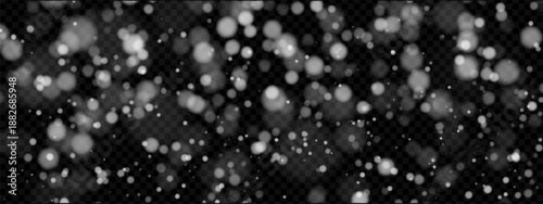 White snowfall overlay with transparent falling flakes and sparkle for winter background. Realistic snowy effect with glittering frost on cold night sky. Vector isolated png texture ice
