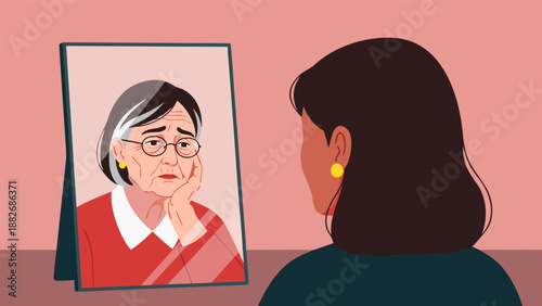 Elderly woman looking in the mirror vector illustration of aging and self-reflection