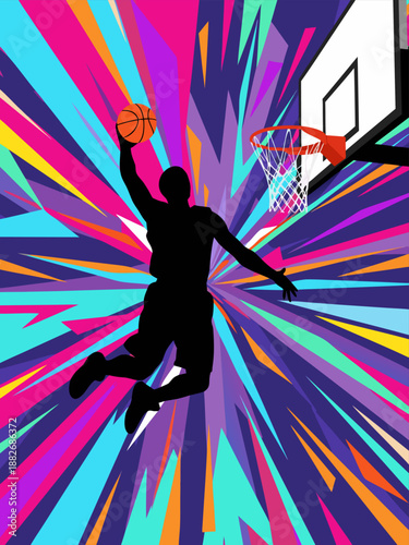 Dynamic basketball slam dunk in action, a vibrant vector illustration with a silhouette of an athlete mid-air against a colorful, energetic background