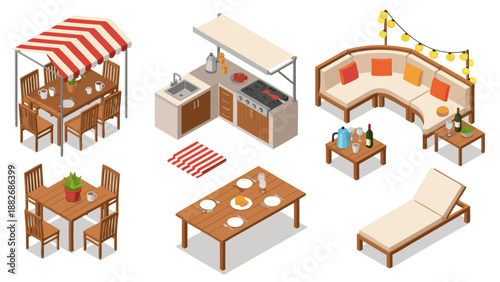 Isometric vector illustration of outdoor living spaces including dining areas, kitchens, and lounge furniture, perfect for design projects