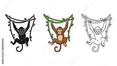 Set of three monkey illustrations hanging from vines in black silhouette, color cartoon, and outline styles