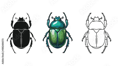 Set of three scarab beetle illustrations in black silhouette, green color, and outline styles