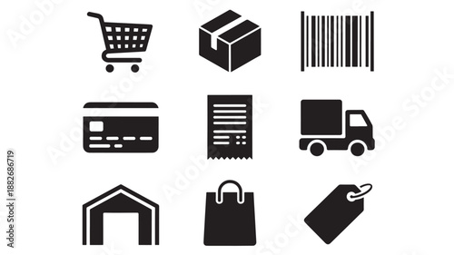 Collection of icons representing shopping and delivery icons on a clean background from a straightforward viewpoint