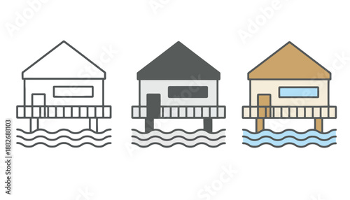 Three stilt houses in different colors on a white background