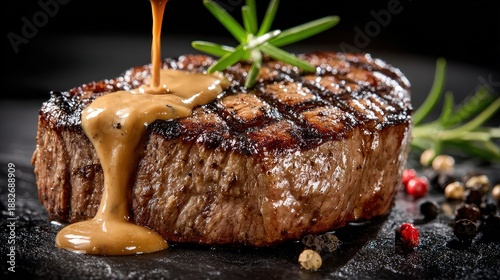 Juicy Grilled Beef Steak with Creamy Peppercorn Sauce and Rosemary