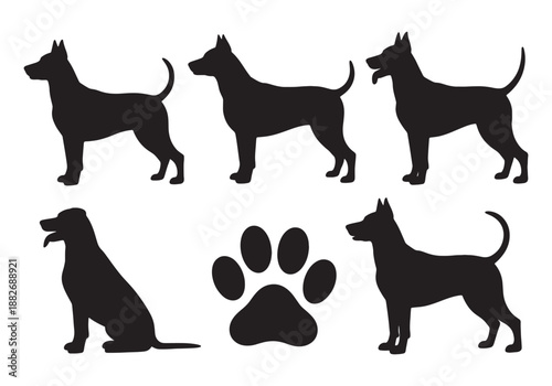 Dog Silhouette Collection with Paw Print on White Background