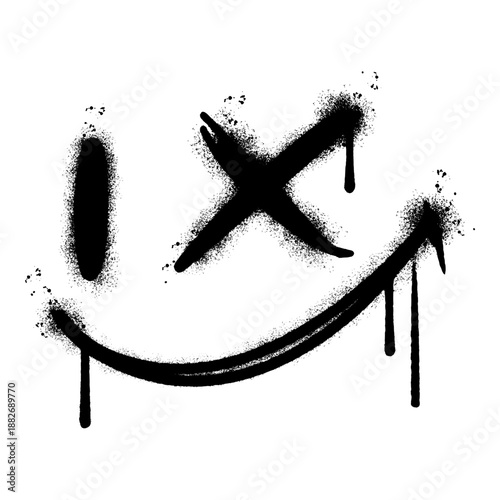 Spray painted graffiti smile face icon with drips. Urban street art smiley symbol with cross eye and dripping ink. Vector illustration isolated on white background.