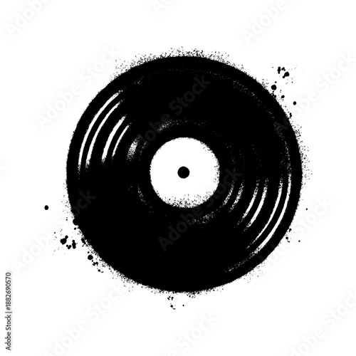 Grunge style illustration of a black vinyl record disk created with a spray paint stencil effect. 