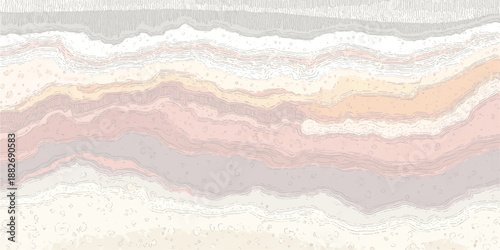 Abstract geological strata with distinct horizontal layers featuring wavy lines and a textured surface in a soft palette of pinks and greys