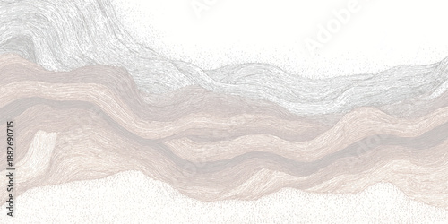 Abstract flowing organic shapes with wavy lines and a textured surface in a palette of warm browns and soft greys creating depth