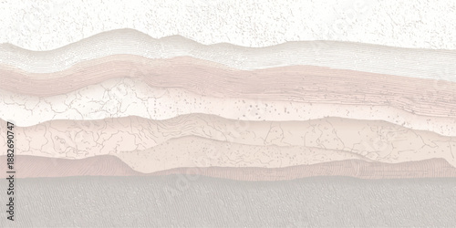Abstract landscape of layered geological formations with soft wavy contours and a textured surface in muted earthy and rosy tones