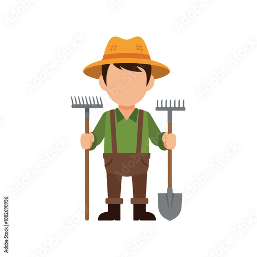 Farmer Character with Gardening Tools Illustration