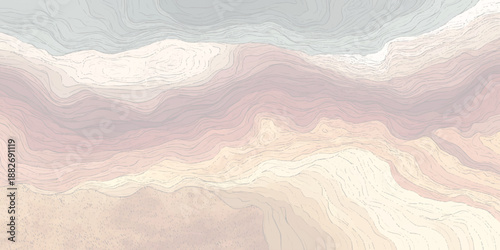 Abstract topographic map lines representing geological strata and landforms in a muted color palette of earth tones and soft grays creating a serene and naturalistic visual texture
