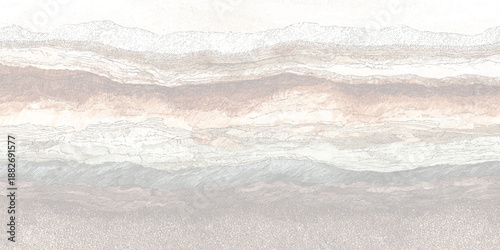 Earthy toned geological cross-section with layered strata and subtle watercolor washes creating a textured abstract landscape in a hand-drawn style
