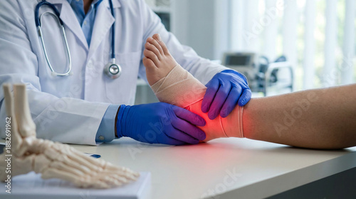 A doctor in blue gloves examines a patient's bandaged ankle with a red glow indicating pain, highlighting injury treatment and recovery in a medical setting