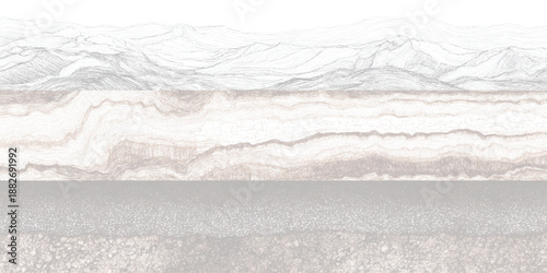 Detailed monochrome landscape of layered geological strata and distant mountains hills