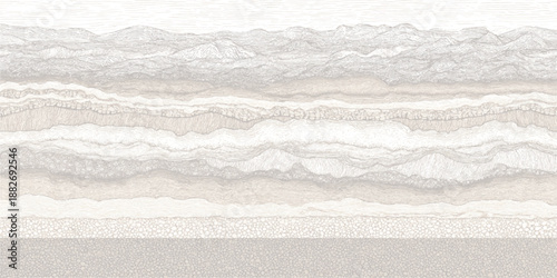 Detailed cross section of geological strata layers with varied textures and mountain range silhouette