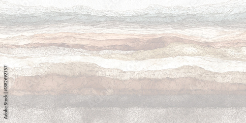Abstract geological cross section of layered sedimentary rock formations with wavy lines and organic textures in a vintage etched style with muted pastel colors