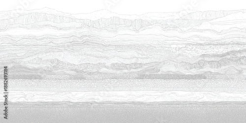 Extensive monochrome geological strata cross-section featuring numerous fine layers of sediment and rock formations with diverse textures and a distant mountain range