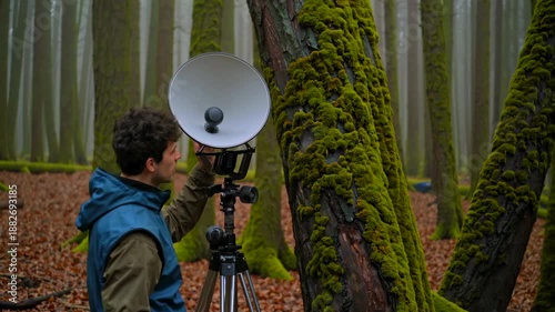 man parabolic microphone mossy forest recording distant bird calls on tripod, foggy morning, fallen leaves underfoot, focused listening for bioacoustics research, hands adjusting