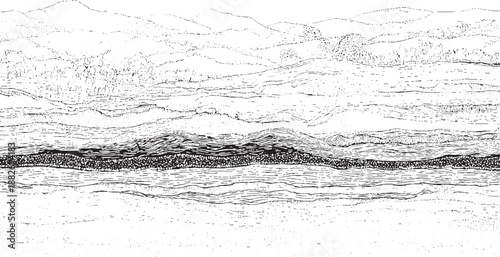 Detailed ink of mountainous landscape with rolling hills and a riverbed showing geological strata and textured foliage in a classic illustrative style