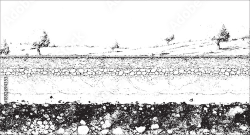Cross-section view of earth layers with trees on the surface above textured soil, gravel, and rock strata in black and white