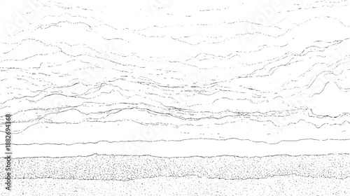 Wavy horizontal lines and textured bands in a black and white abstract composition suggesting layered geological strata or flowing organic forms