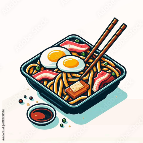 Delicious Bowl of Ramen with Eggs Bacon and Chopsticks