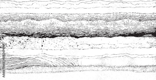 Detailed abstract of geological strata layers with diverse textures and patterns including stippling hatching and wavy lines representing earth layers and subterranean formations