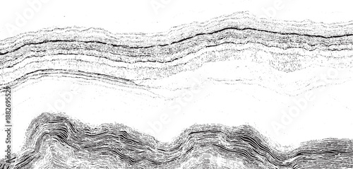 Abstract monochrome depicting undulating geological strata or seismic wave patterns with distinct layered lines and granular formations