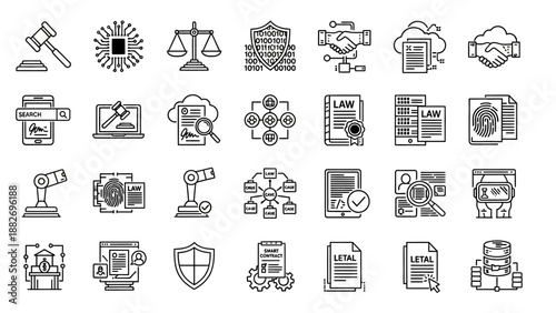 Black and white law icons set.