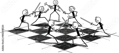 Stick figure warriors engage in a chaotic sword fight simulation upon a hand drawn checkerboard surface representing strategy and conflict.