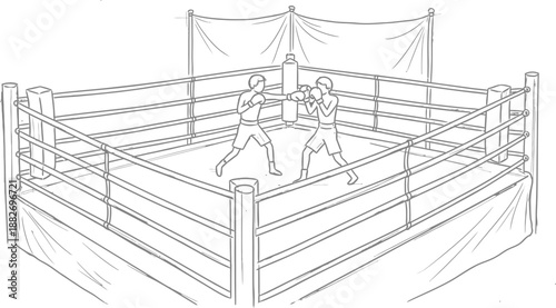 Simple line art sketch depicts two boxers actively training inside a standard boxing ring with a heavy bag hanging nearby for practice.
